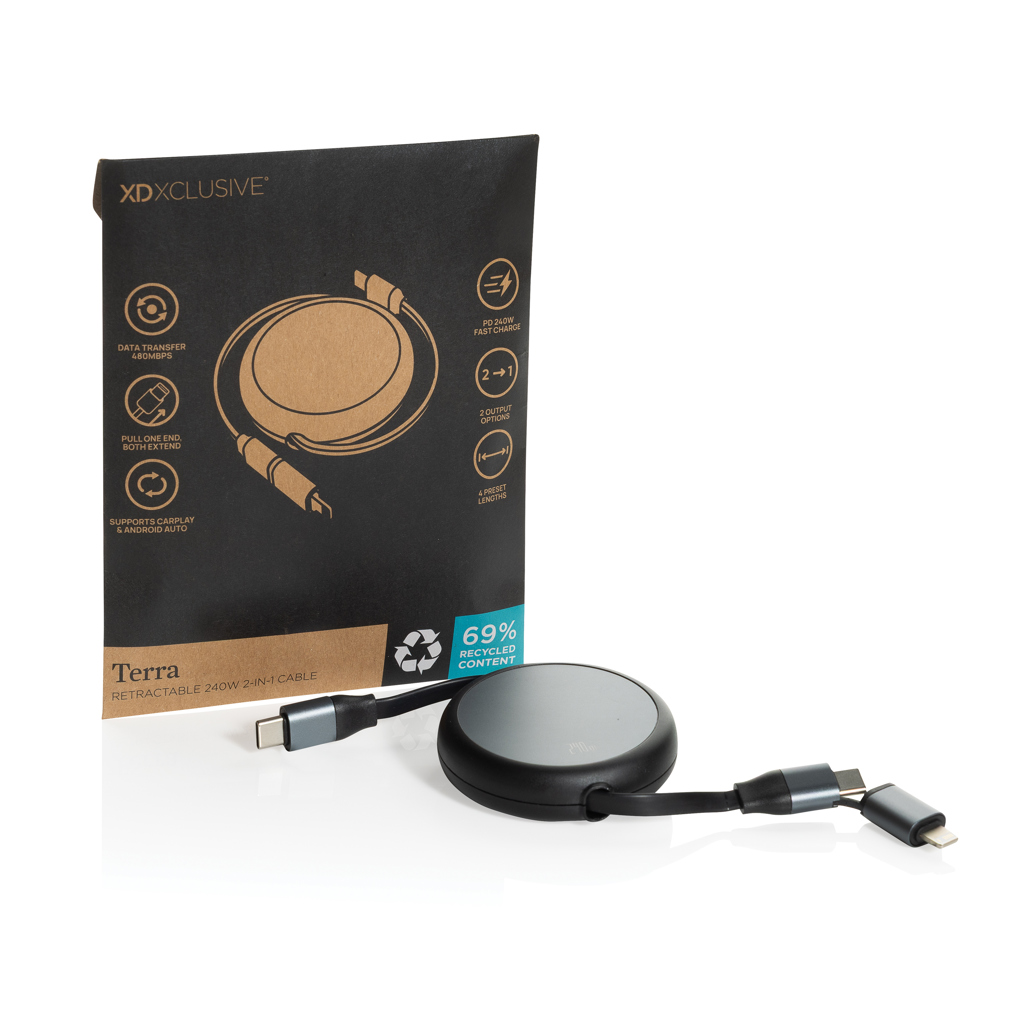 Cable retráctil 2 en 1 aluminio reciclado Terra RCS  240W - Oficina - Mochilas corporativas personalizadas - imagen 3