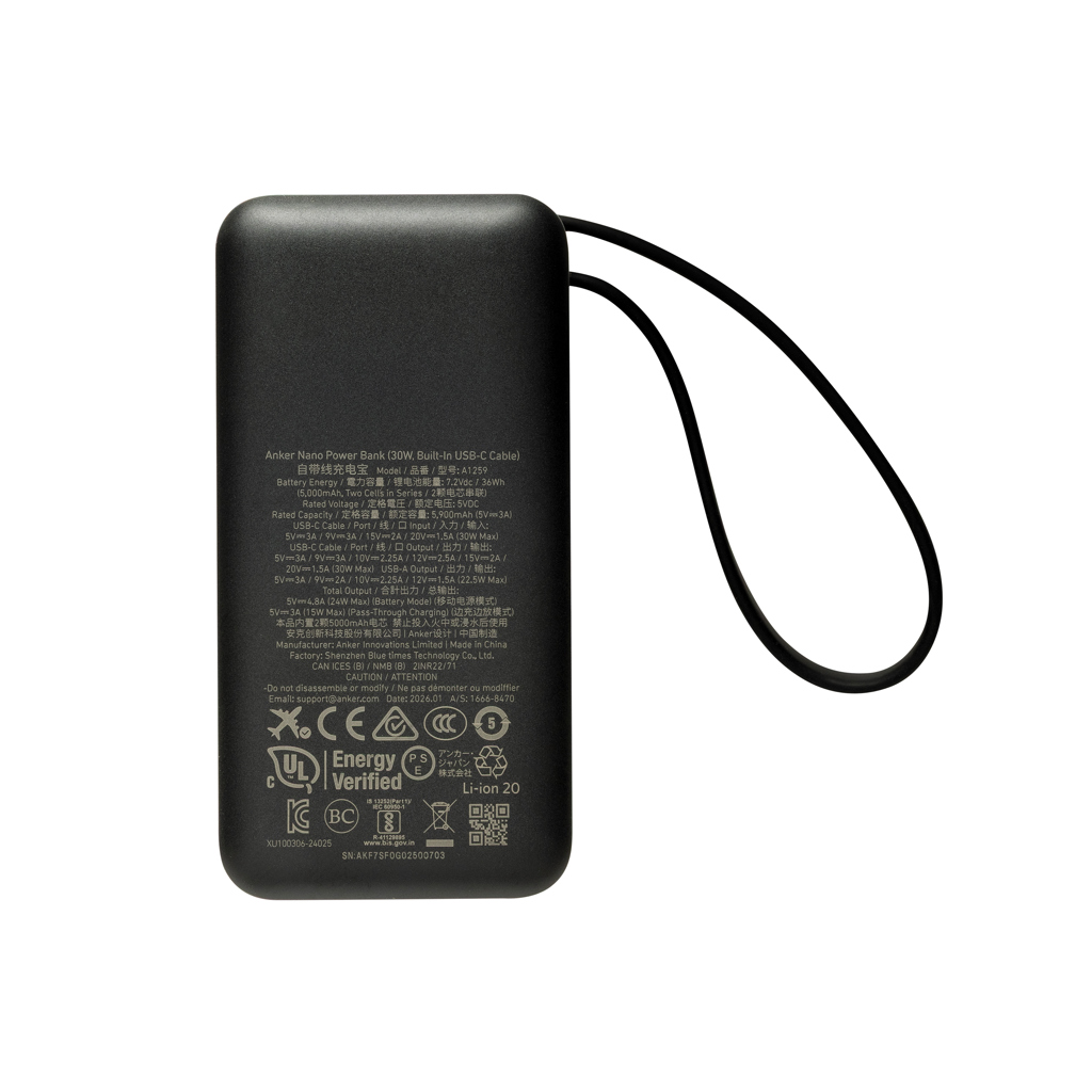 Batería externa Anker Nano 30W con cable USB-C integrado - Viaje - Mochilas Corporativas Personalizadas - imagen 5